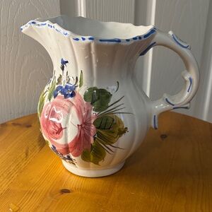 Floral Ceramic Pitcher with Blue Accents